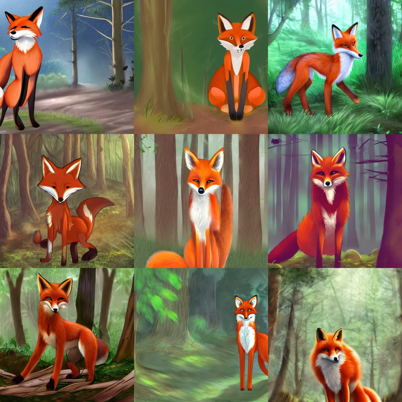 Prompt: female anthro fox standing in a forest, pixiv