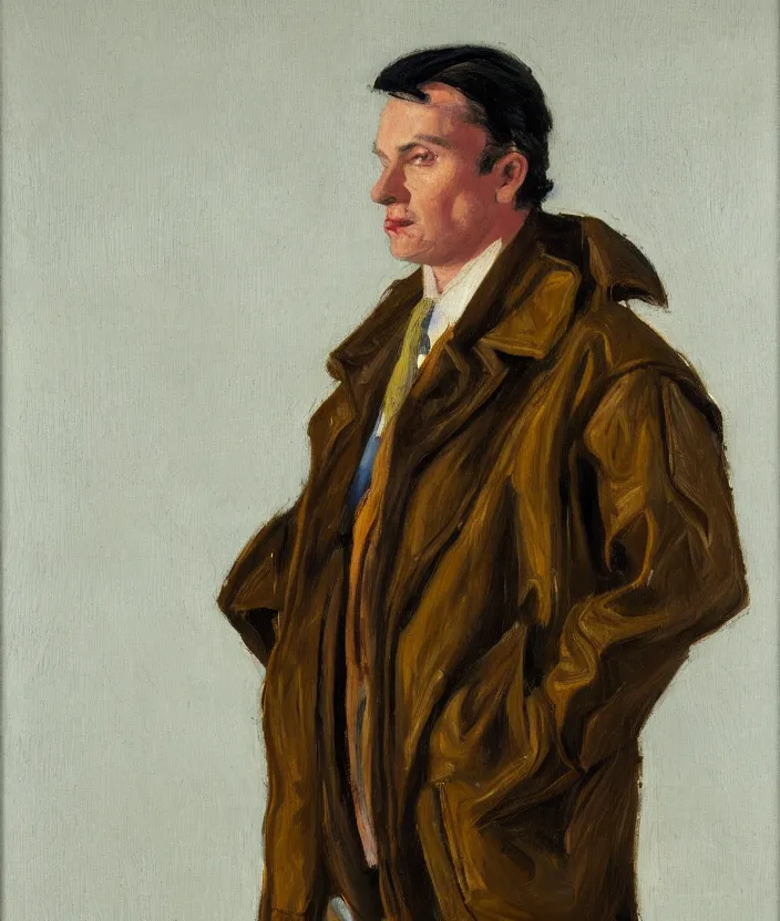 Image similar to a very detailed portrait of a man, wearing an 8 0 s jacket with big shoulder pads, very aesthetic leather jacket, detailed leather jacket, front view, in the style of edward hopper and oswald hornby joseph birley and susan ryder, very small brushstrokes, 4 k,