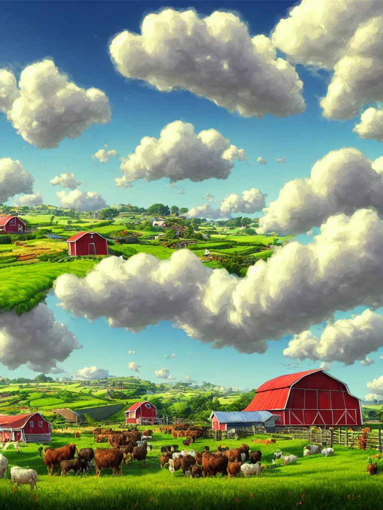 Prompt: wide view of a farm ,nice clouds, godray, fantasy, intricate, richly detailed colored 3D illustration of a beautiful ornated happy farm with background with completely rendered reflections, art by Range Murata and Artgerm highly detailed, digital painting, trending on artstation, sharp focus, D&D, illustration, style of Stanley Artgerm, perfect smile vogue, awards, model,