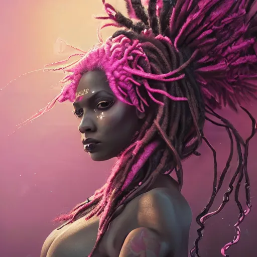 Image similar to a very beautiful black women dressed as pink ninja with highly detailed and intricate cybernetic eyes and colorful dreadlocks, by android jones and greg rutkowski, Trending on artstation, hyperrealism, elegant, stylized, highly detailed digital art, 8k resolution, hd, global illumination, radiant light, detailed and intricate cyberpunk ghetto environment, rendered in octane, oil on canvas, wide angle, dynamic portrait