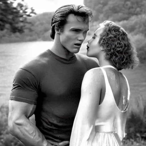 Prompt: portrait shot of young arnold schwarzenegger holding close dirty dancing in the rain with jennifer lawrence beautiful white wet dress, 5 0 mm kodak, beautiful light, best lense, 9 0 s romantic comedy, 4 k