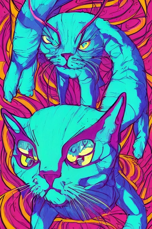 Image similar to demon cat, art by brian miller, colorful, illustration, highly detailed, simple, no jagged lines, smooth