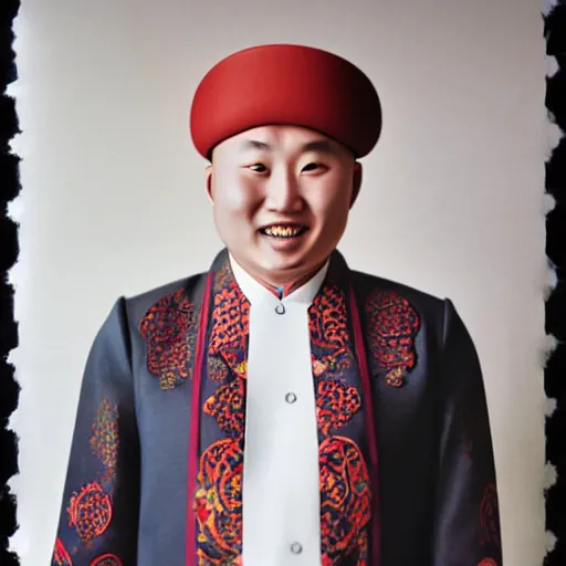 Prompt: realistic photography by araki nobuyoshi of wearing traditional ukrainian shirt designed by taras shevchenko. smiling north korean kim chen