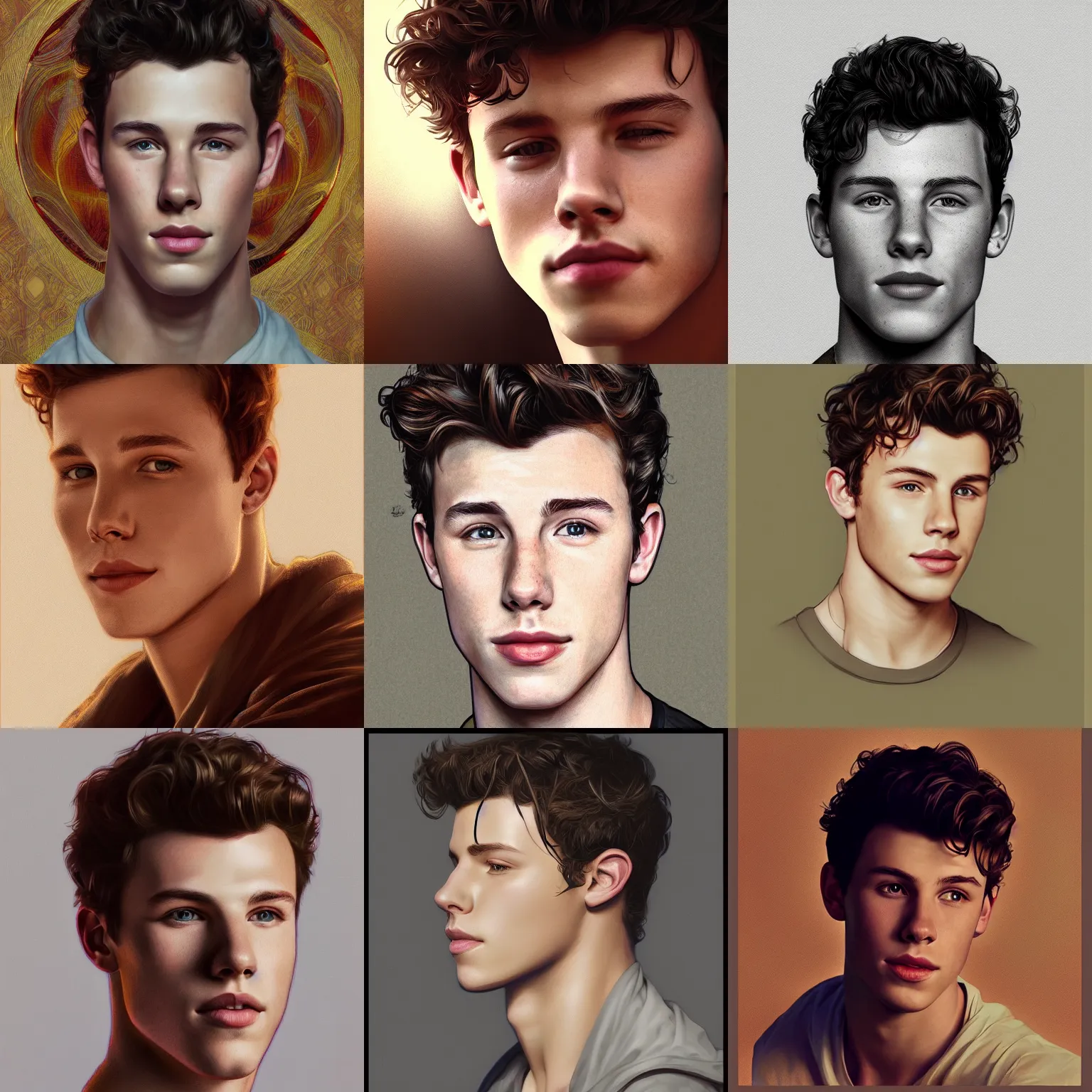 Prompt: Portrait of Shawn Mendes, wlop, artstation, mucha, digital art, detailed, 8k