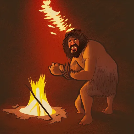 Prompt: caveman is shocked when they first time discovered fire , Unga bunga , illustration , HDR, natural lighting , award winning photograph, 8k, Mucha style,