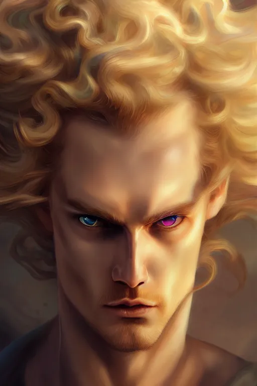 Image similar to digital art of a pale menacing male Cyborg Angel of Battle with fluffy blond curls of hair and piercing opal eyes, third eye forehead pearl, central composition, he commands the fiery power of resonance and wrath, very very long blond curly hair, baroque curls, by WLOP, Artstation, CGsociety