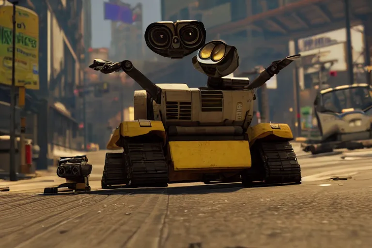 Image similar to wall - e in grand theft auto 5, heavy detailed, ultra high definition quality, gta 5 game engine graphics