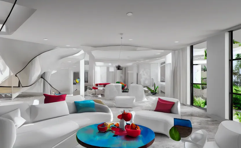 Image similar to Interior shot of a white boujee mansion with modern colorful furniture, very coherent,painted by DotPigeon airbrush