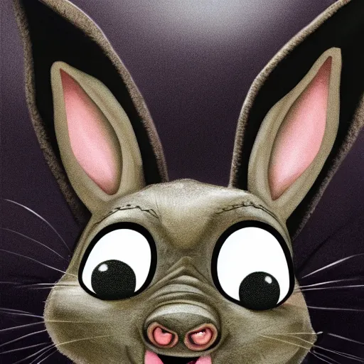 Image similar to A extremely highly detailed majestic hi-res beautiful, highly detailed head and shoulders portrait of a scary terrifying, horrifying, creepy black cartoon rabbit with scary big eyes, earing a shirt laughing, hey buddy ole pal, let's be friends, in the style of Walt Disney