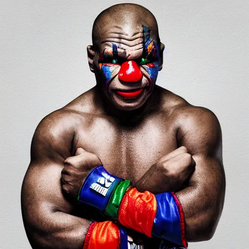 Prompt: UHD photorealistic Mike Tyson wearing a clown costume with real clown makeup by Miguel Vasquez