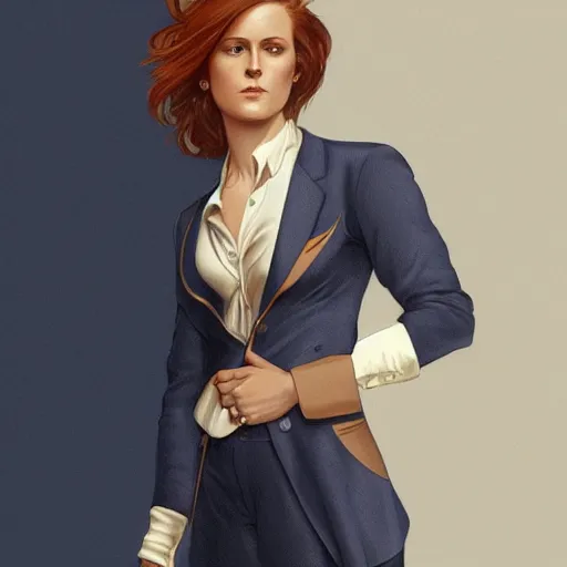 Image similar to full figure ultra realistic illustration, evan rachel wood wearing a navy blue pantsuit, auburn hair, intricate, elegant, highly detailed, digital painting, artstation, concept art, smooth, sharp focus, illustration, art by artgerm and greg rutkowski and alphonse mucha