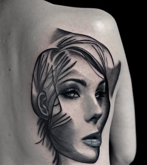 Image similar to tattoo design sketch of a beautiful woman face with a mountain scenery background on her side, hyper - realistic, double exposure, in the style of matteo pasqualin, amazing detail, black and white, faded