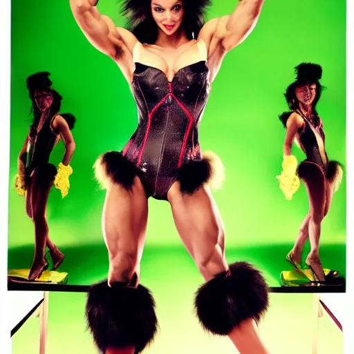 Image similar to dream muscular woman in a furry costune of Pikachu, performing burlesque, dark green background, photo by Annie Liebovitz for Vogue