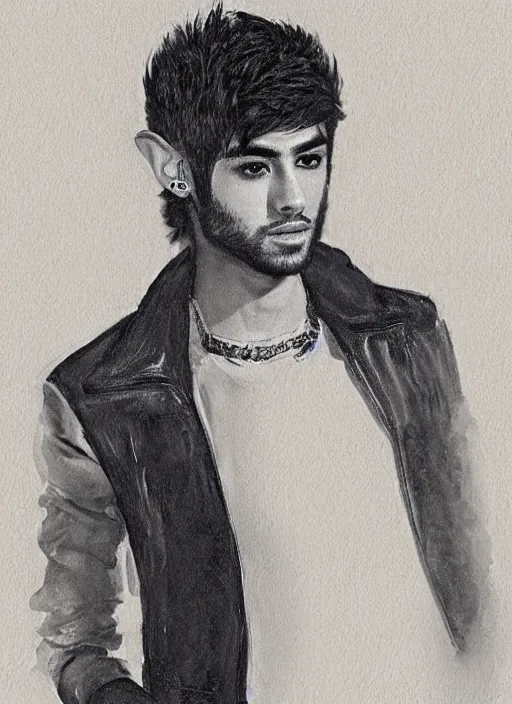 Prompt: portrait of zayn malik as an elf by turner, only one head single portrait, pointy ears, wearing a black leather collared jacket