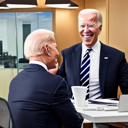 Image similar to stock photo of kim kardashian, and joe biden wearing suits and ties laughing in an office building, 8k resolution, full HD, cinematic lighting, award winning, anatomically correct