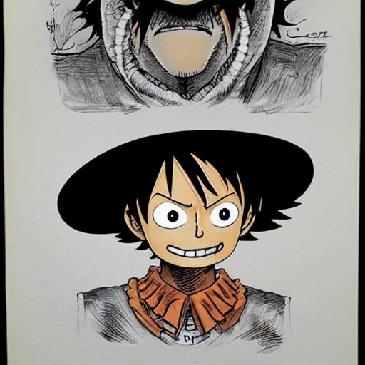 Image similar to [ luffy mustache ] ( by kim jung gi ) ( by george morikawa ) ( by kentaro miura ) ( by eiichiro oda )