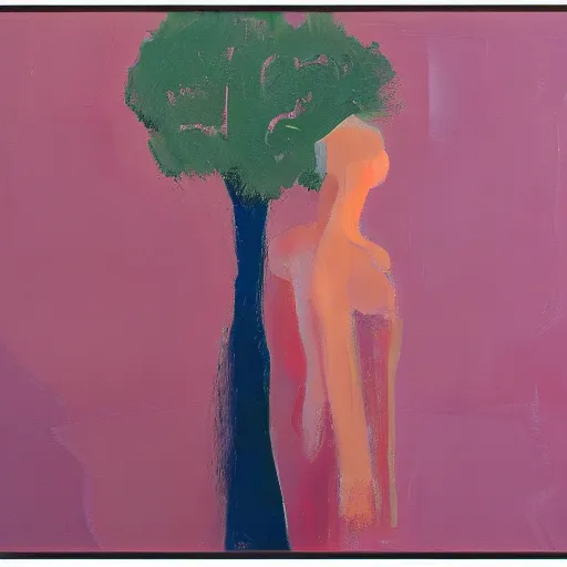 Image similar to _ in _ these _ paintings _ we _ see _ a _ big and tall _ woman in a busy void space with a tree, 4 k, in the style of ben quilty, edward hooper, minimal pink palette, medium shot, three point light, oil paint with thick brushstrokes of paint, impasto, detailed,