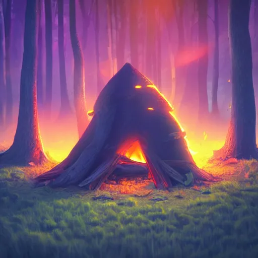 Image similar to a campfire in a surreal world, 8k resolution concept art hyperdetailed trending on Artstation Unreal Engine ominous photorealistic sunshine rays colourful beautiful bokeh ambient occlusion, dynamic lighting, stunning visuals, creative, concept art, trending on art station, ultra detailed