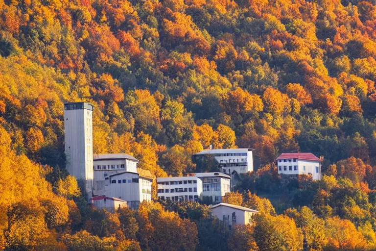 Prompt: warehouses lining a street, with an autumn mountain directly behind it. radio tower on the mountain, lens compression. photography