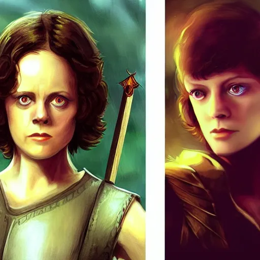 Image similar to young sigourney weaver as a d & d ranger, character portrait by wlop