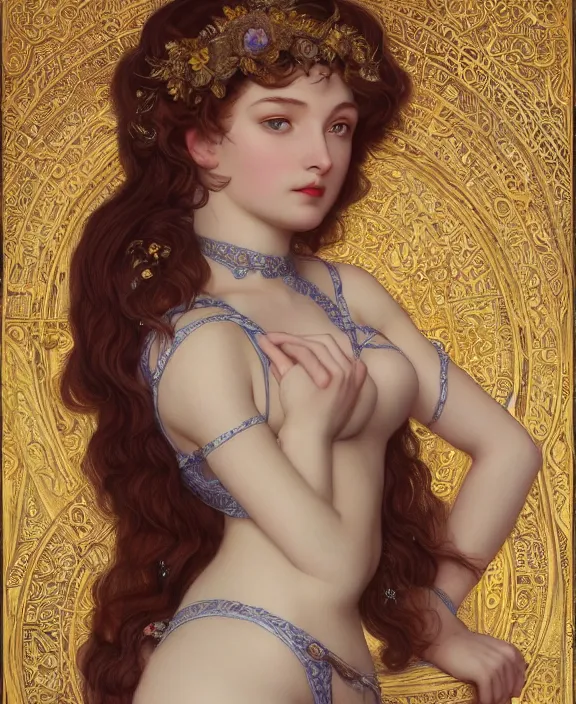 Image similar to the moon goddess, intricate and detailed lace set, suspenders, honey birdette, realistic renaissance portrait, highly detailed, digital painting, artstation, concept art, smooth, sharp focus, cinematic lighting, art by john collier, artgerm and greg rutkowski and alphonse mucha and jacques louis david and john william godward