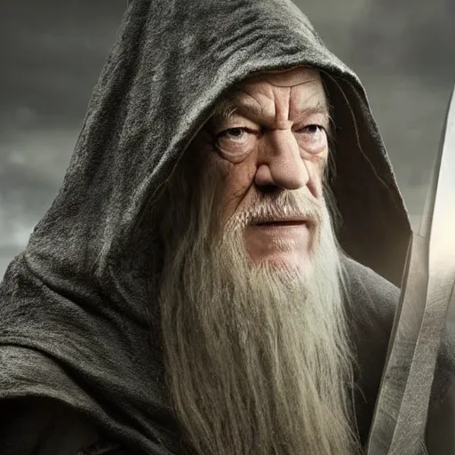 Image similar to the evil ian mckellen as gandalf in a dark viking hood playing odin all father from the thor movie crafting a neural network with synapses on an anvil, highly detailed, cinematic shot, cinematic lighting, 8 k, exquisit facial detail