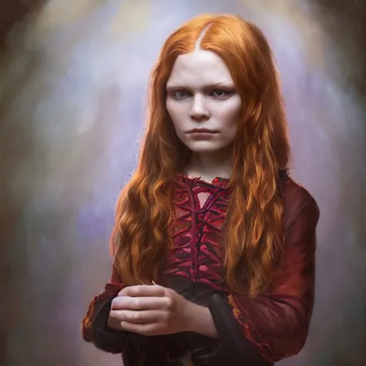 Prompt: majestic gracious regal aristocratic redhead child version of kirsten dunst as the vampire child claudia portrait, indoors, atmospheric lighting, painted, intricate, volumetric lighting, beautiful, rich deep colours masterpiece, sharp focus, ultra detailed, by leesha hannigan, ross tran, thierry doizon, kai carpenter, ignacio fernandez rios