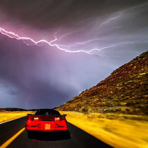 Image similar to nightmarish creatures rushing towards car, black pontiac firebird trans - am driving towards the camera, norway mountains, red glow in sky, valley, large lake, dynamic, cinematic, motionblur, volumetric lighting, wide shot, low angle, large lightning storm, thunder storm