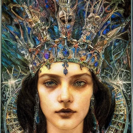 Prompt: the crystal crown, by Luis Royo Annie Swynnerton and Nicholas Roerich and Diego Rivera, tattooed bioluminescent skin, elaborate costume, geometric ornament, symbolist, rich color, dramatic cinematic lighting, smooth, sharp focus, extremely detailed