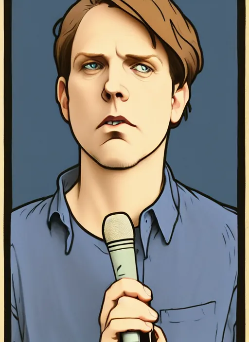 Image similar to art nouveau portrait of geoff rickly with short light brown straw blond hair, light blue eyes, sad expression, scared, head down, shy and demure, jeans and black t - shirt, holding a microphone, natural lighting, path traced, highly detailed, high quality, cartoon, digital painting, by don bluth and ross tran and studio ghibli and alphonse mucha