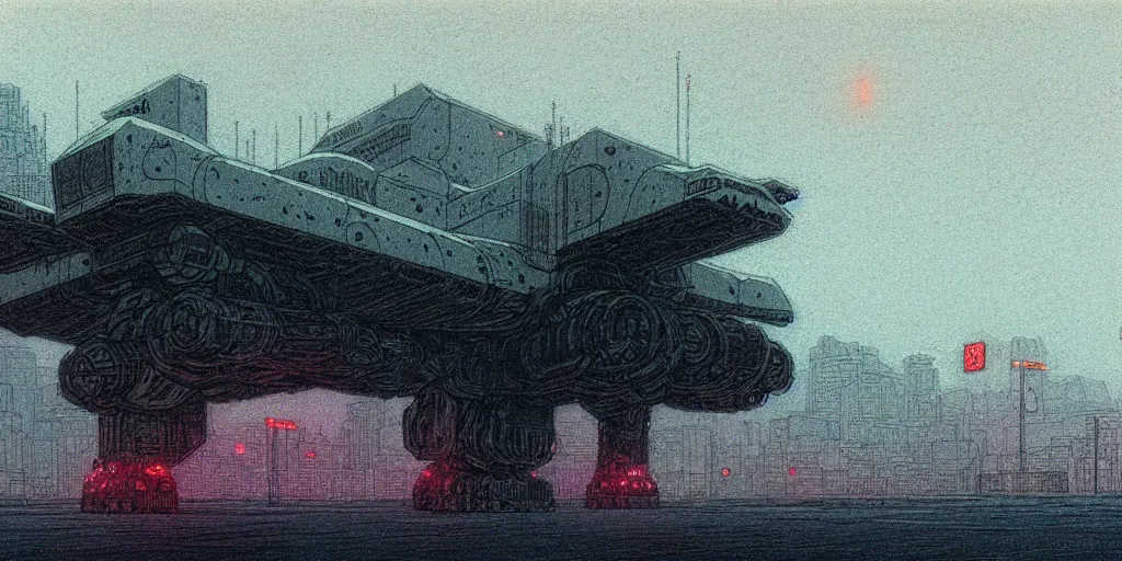 Image similar to grainy risograph matte painting of gigantic huge mech covered with wounds, black, pastel matte colors, staying in the foggy huge hyperrealism, parking station, by moebius, intricate detailed