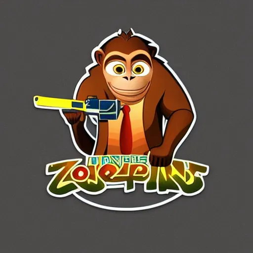 Image similar to “ logo of a upside down monkey in the style of zootopia holding laser gun, with a black background, digital art, award winning, trending on art station, retro style ”