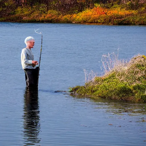 Prompt: white hair fisherman on the river islet, used to see the autumn moon and spring wind.