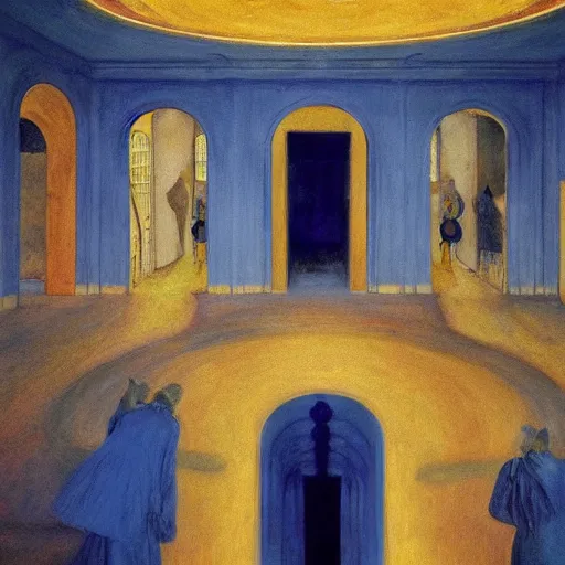 Prompt: procession of women in a blue and gold haunted liminal abandoned temple, film still by edward hopper, by gottfried helnwein, by klimt, art noveau, highly detailed, strong lights, liminal, eerie, bright pastel colors,