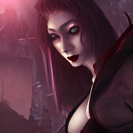 Prompt: vampire lady on top of evil lair ultradetailed 4k artstation cinematic lighting