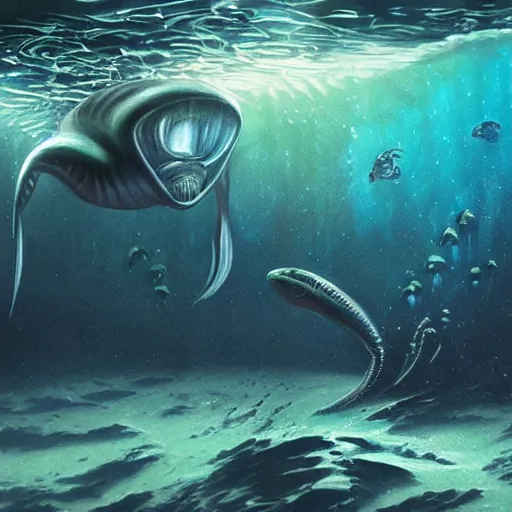 Image similar to alien fish underwater scene cinematic lighting detailed realistic painting photorealistic digital artwork concept art