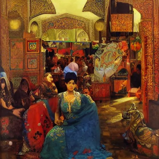 Image similar to an oil painting in the style of orientalism of dragons on display in a dragon auction in the grand bazaar of isfahan by edwin lord weeks