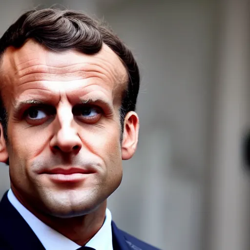 Prompt: Bald Emmanuel Macron shaved his head, photograph