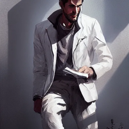 Image similar to a man wearing a white jacket a d he is working at his office by greg rutkowski