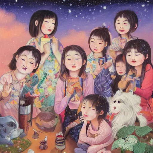 Prompt: A beautiful painting of a group of people gathered around a fire. They are all looking up at the night sky, where a bright star is shining beige by Hikari Shimoda eclectic