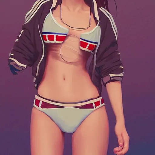 Image similar to a beautiful young japanese natalie portman alluring gravure model, stylized concept art, wearing elegant designer bomber jacket and one piece bikini, bomber jacket with mesoamerican patterns, mesoamerican native street fashion, princess mononoke, painted by ilya kuvshinov aesthetic, gorgeous, stunning, alluring, attractive, artstation, pinterest, digital art