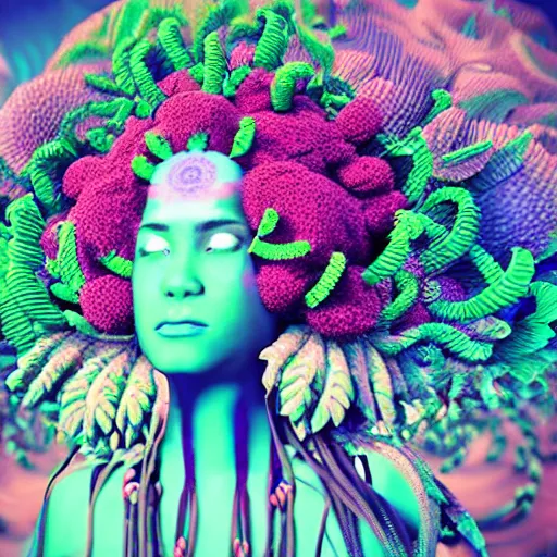 Image similar to a female african marijuanna! shaman with an afro made of flowers, third eye art art by machina infinitum, complexity from simplicity, rendered in octane, mandelbulb 3 d, ambient occlusion, macro photography, felt!!! texture, tribal, pastel! retrowave