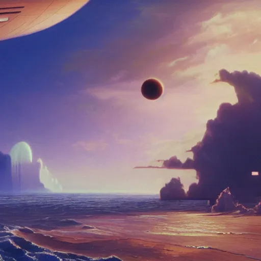 Image similar to beautiful matte painting of a dreamy ocean with clouds, sci - fi, daylight, blue sky, cinematic lighting, cinematic perspective, planet above, syd mead, john harris, federico pelat, detailed, 4 k, hd