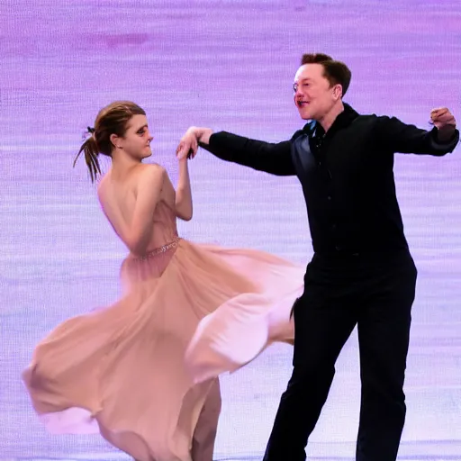 Image similar to elon musk and emma watson dancing together 4k