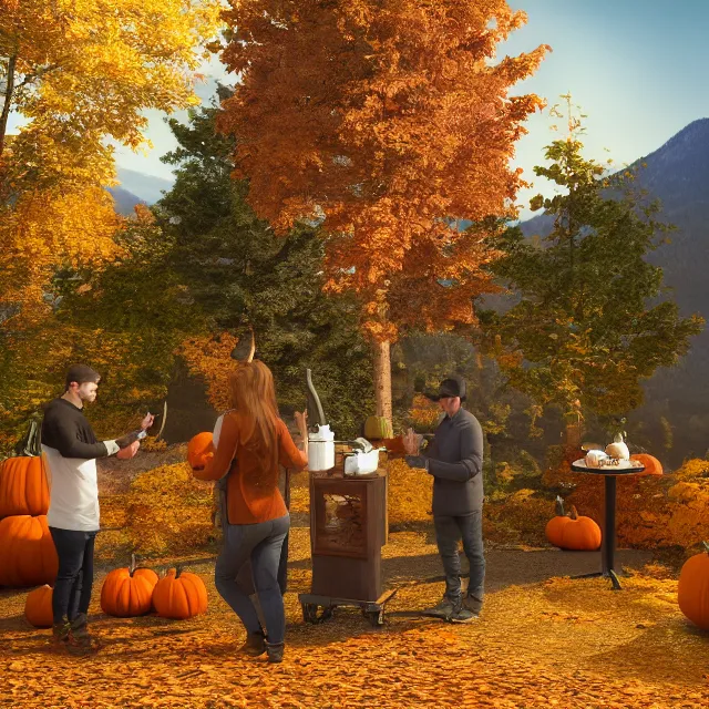 Image similar to pumpkin headed people ordering maple coffee at a maple coffee stand, maple trees with fall foliage, on a mountain in new hampshire, volumetric, realistic, cinematic lighting, ray tracing, unreal engine 5, octane render, hyper realistic, photo, 8 k