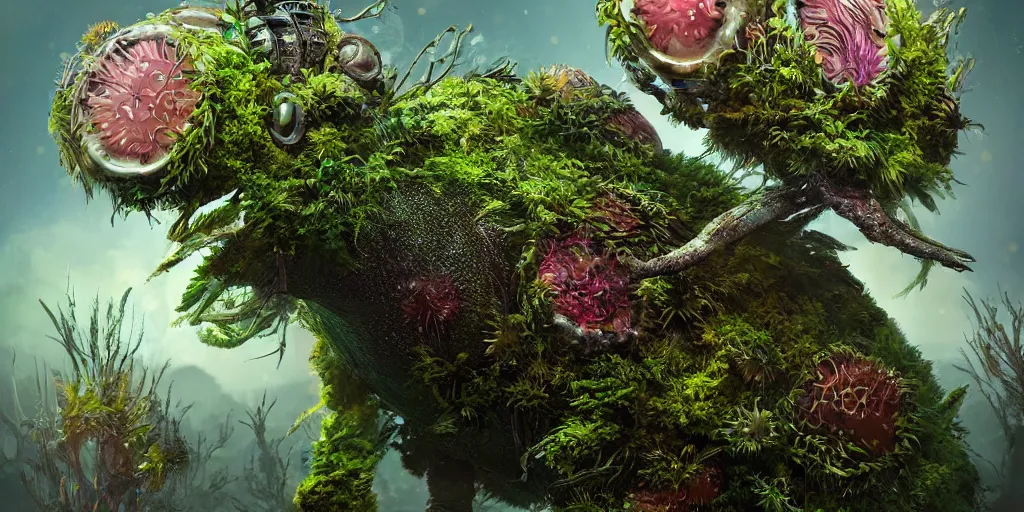 Image similar to a bird turtle mushroom jelly tractor hybrid creature monster with metal scales feathers fur moss spines knobs, rich diverse lush alien world, fantasy, science fiction, dramatic lighting, in the style of national geographic, hannah yata, ken barthelmey, illustration, octane render