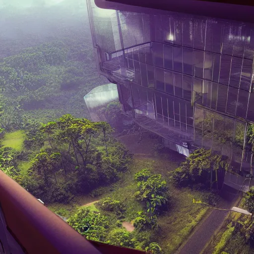 Image similar to extreme wide shot a futuristic containment building in a rainforest valley with a city in the distance, national geographic, hyper realistic, 4 k, warm light, the will to endure, artstation