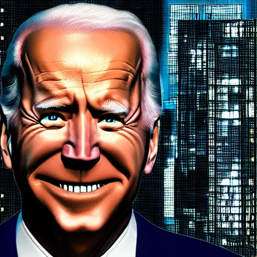 Prompt: “Supervillain Joe Biden, UHD, hyperrealistic render, 4k, cyberpunk”