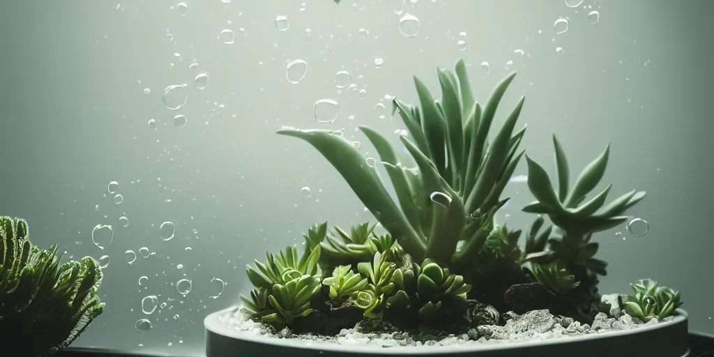 Image similar to hydroponic succulent plant, terrarium photograph, a pipe flowing with milky liquid, central composition, fluid, ultra clear material, volumetric light, lightrays, cinematic, atmospheric, 3 d concept art, octane render, beautiful, cinematic lighting, intricate details.