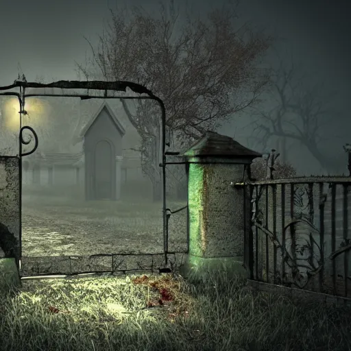 Prompt: a zombie at the gate of a decrepit house, night, misty, scary, spooky, octane render